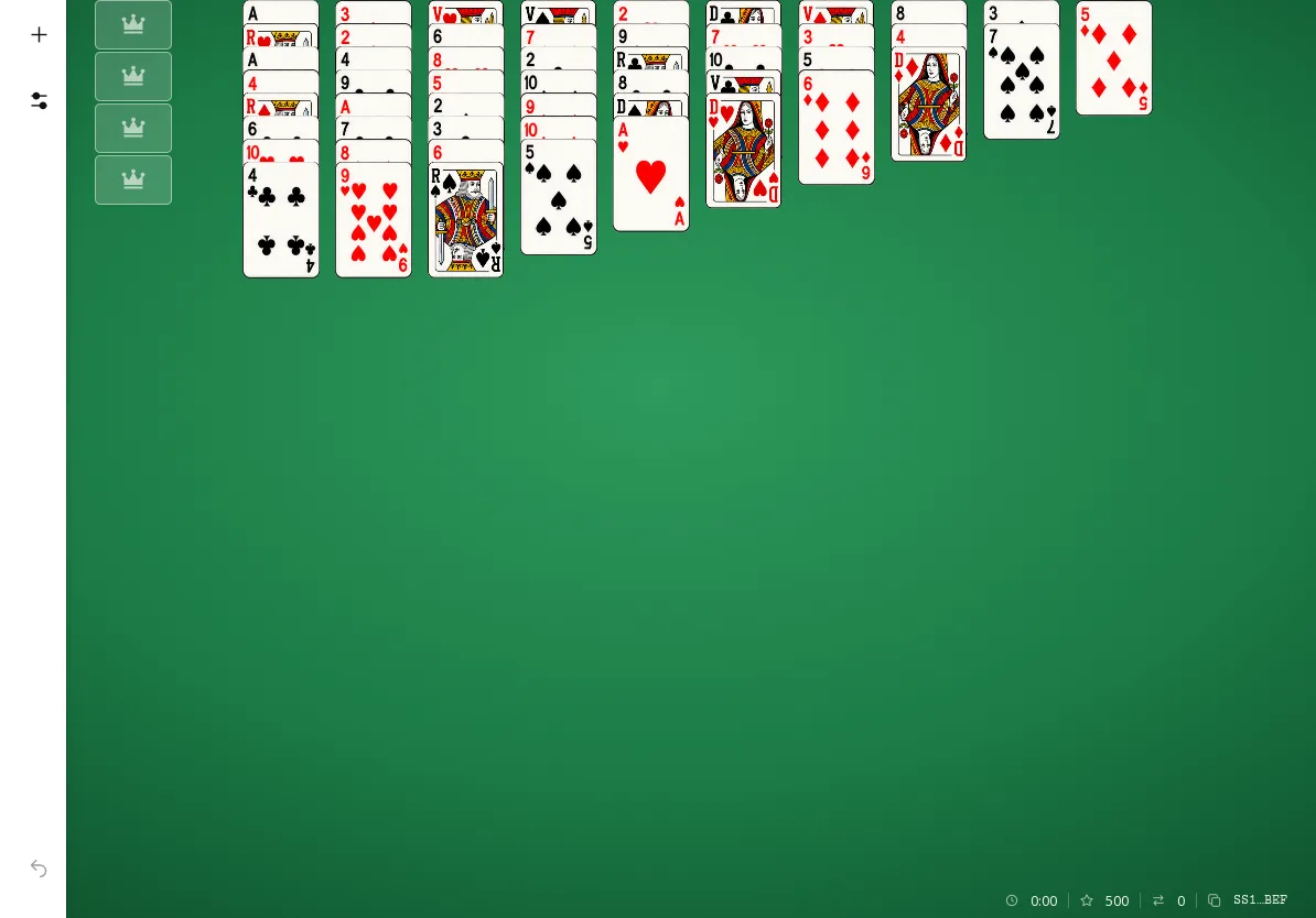 Simple Simon sur tablette à l’horizontale : la donne SS1-S4-AAADBEF au départ, à 4 couleurs, dix colonnes de cartes visibles.